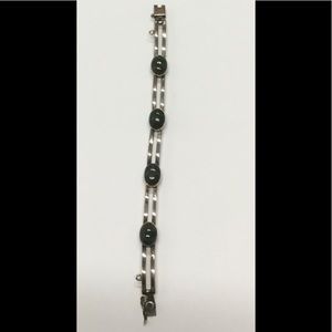 Taxco Sterling 8” Link and Green Stone Bracelet